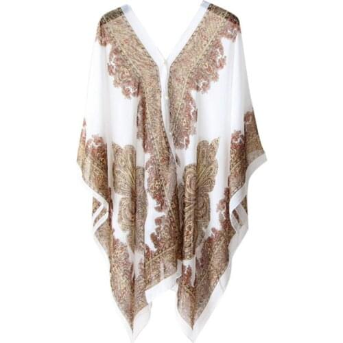 Women Summer Beach Bikini Cover Up Loose Chiffon Blouse Shawl Scarf with Buttons Casual Loose Fashion Ladies Ponchos
