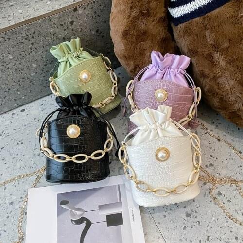 Women Drawstring Shoulder Bags PU Bucket Acrylic Chain Small Messenger Handbags Fashion Exquisite Shopping Bag