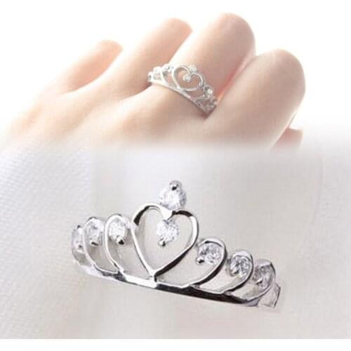2017 Trendy Rhinestones Inlaid Hollow Out Heart Crown Shaped Gold Silver Plated Woman Ring