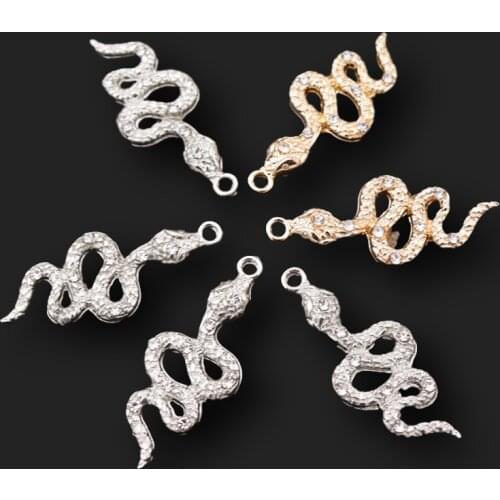 8pcs Handmade Rhinestone Snake Metal Pendants DIY Charms Necklace Earring Jewelry Crafts Making For Woman 35*15mm A2221
