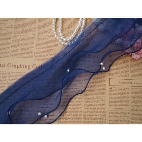 5 YardS / lot )Diy lace trim 13-14cm sapphire blue organza ruffle pearl organza skirt lace fabric decoration Clothing materials