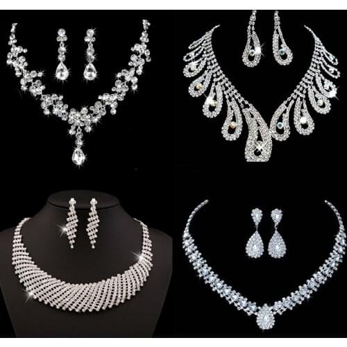 9 Styles Bridal Jewelry Sets for Women Silver Color Costume Jewelry Necklace Earrings Clear Crystal Stones Bridesmaid Acessories
