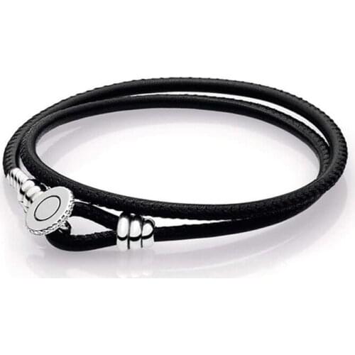925 Sterling Silver Black Double Leather Bracelet, Clear CZ Diy Original Charms Jewelry Women Gifts QANDOCCI