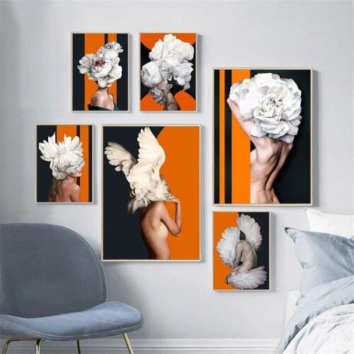 White Flower Feather Woman Abstract Poster Canvas Painting Sexy Nude Girl Print Fashion Wall Art Pictures Modern Home Decoration
