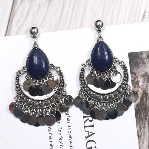 Black Rhinestone Pendant Bohemia Earrings for Women Metal Circle Tassel Vintage Earrings Jewelry Ethnic Retro Accessories Gifts