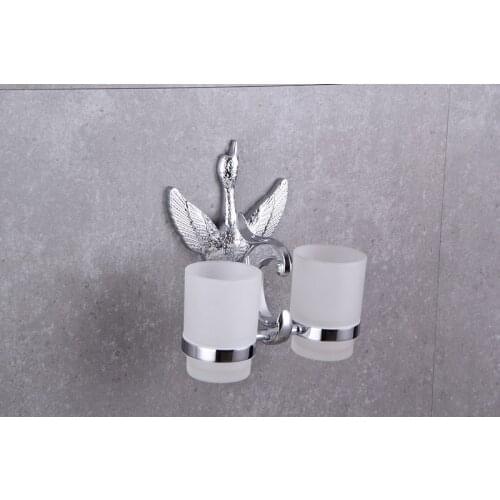 Chrome Finish swan Crystal Double cup holders Toothbrush Cup Holders new