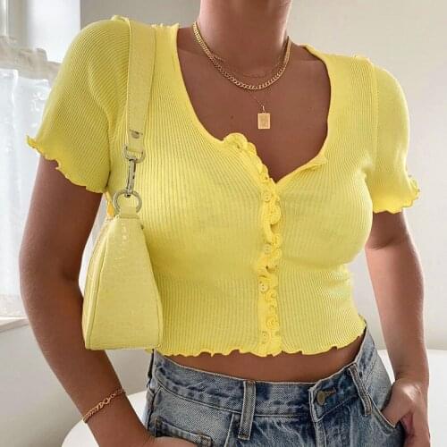 Women T-shirts Knitted Ruffle Crop Tops Short Sleeve V-Neck Buttons Casual Tops Tee Summer Elastic Basic Shirts Streetwear