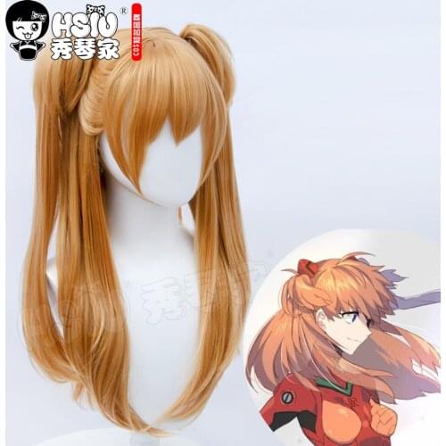 「HSIU Brand」EVA Asuka Langley Cosplay Wig Brown-red double ponytail long hair Fiber synthetic wig+ Free brand wig net
