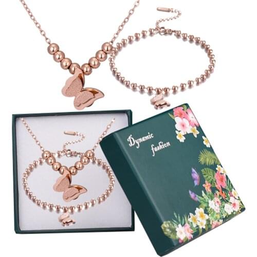 316L Stainless Steel Frosted Butterfly Bracelet Necklace Set Never Fade Womens Jewelry Set