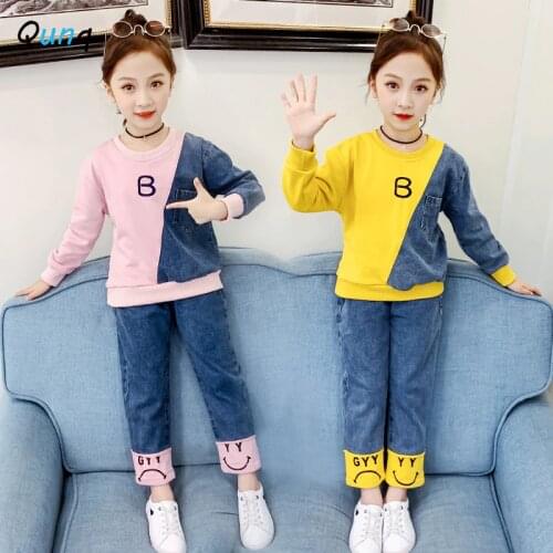 Qunq Spring Girls clothing Set Spliced Letter Sweatshirts Pant 2pcs Kids Clothes for Girl Toddler Teens Children Suits Casual