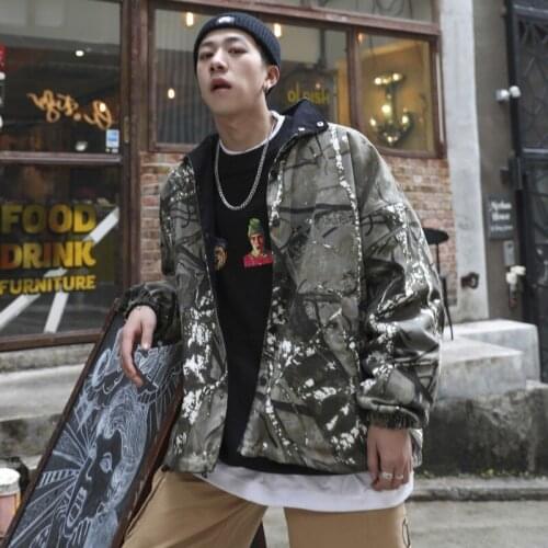 Hip Hop Wear On Both Sides Mens Autumn Loose Fit Jackets Fashion Casual Long Sleeve Stand Collar Male Camouflage Printed Coats