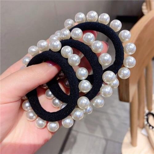 Korean Hot Selling Fashion Style Simple Nice Big Pearl Butterfly Bowknot Hair Band High Elastic Hair Rope Butterfy Hair Rings