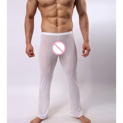 Men Sexy Exotic Pants Mesh Sheer See Through Casual Long Pants Breathable Long Loose Trousers Sleep Bottoms Sleepwear Nightwear