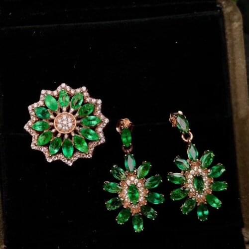 Natural and Real Emerald jewelry set Natural Real Emerald 925 sterling silver,1pc ring ,2pcs Earring