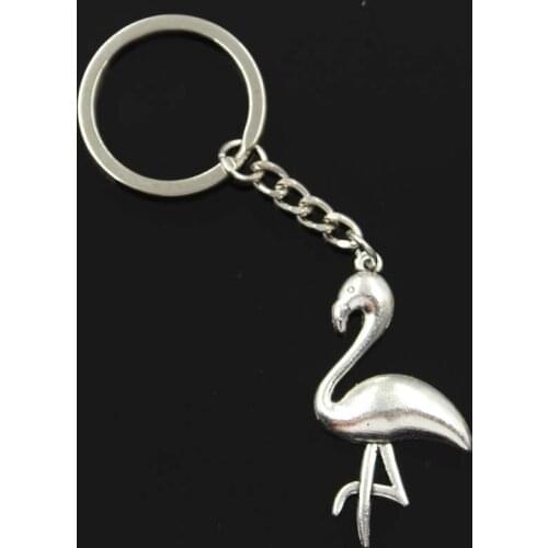 New Fashion Men 30mm Keychain DIY Metal Holder Chain Vintage Crane Bird Flamingo 25x46mm Silver Color Pendant Gift