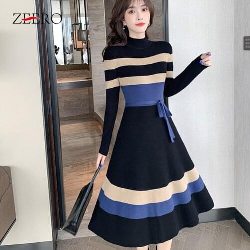 Autumn Winter Female Color Stripes Stand-up Collar High Elasticity Base Warm Knitting Dress Women Long Sleeve High Waist Dresses