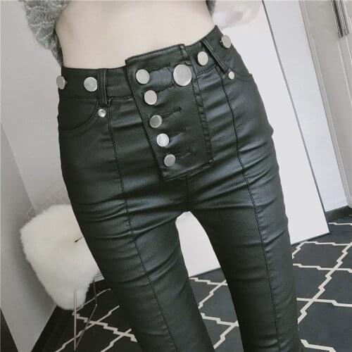 Autumn New Fashion Trendy Brand Personality Breasted High Waist Slim Slimming Bag Hip and Small Feet Pu Leather Pants Women Y78