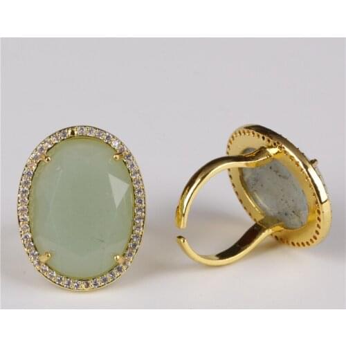 Oval cut faceted tender green aventurine stone bead charm pave white cz crystal rim cycle open finger gold ring cuff for women