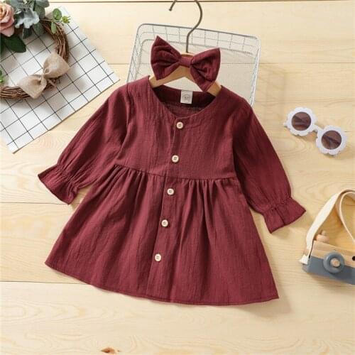 Fashion Kid Girls Dresses Clothes Sets Long Sleeve Single-Breasted Dress Bow Hair Newborn Children Baby Clothing