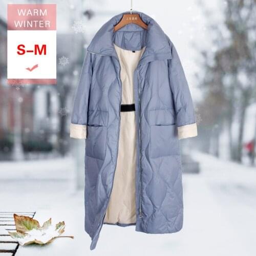 New Winter Long Warm Stand Collar Down Jacket Female Casual loose White Duck Down Coat Windproof Zipper Outwear Good Quanlity