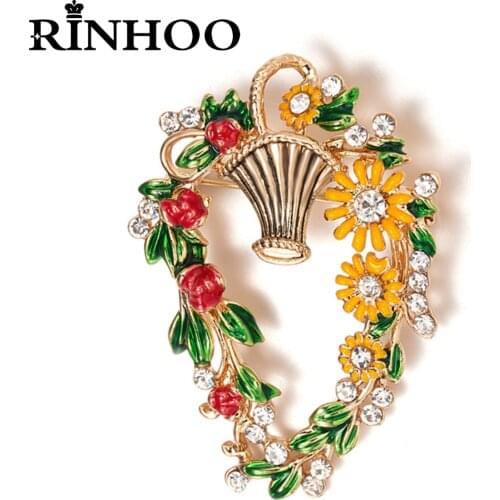 Rinhoo Enamel Flower Brooches For Women Elegant Fashion Flower Basket Wreath Sunflower Red Rose Crystal Brooch Wedding Jewelry