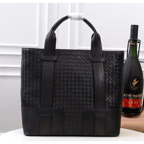 New High Quality Luxury Men Cowhide Top-Handle Bags Fashion Large Capacity Woven Bag Cowskin Genuine Leather Designer Briefcase