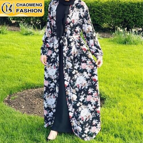 New Design Chiffon Print Floral Caftan Open Turkish Muslim Fashion Dresses Abaya Dubai Islamic Clothing Middle East Cardigan