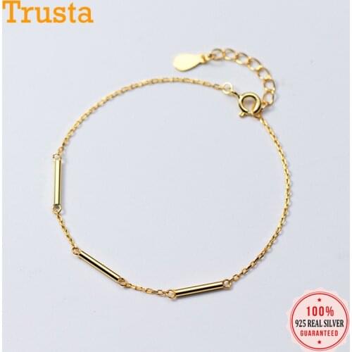 Trusta 2018 100% 925 Solid Real Sterling Silver Gold Stick Chain 16cm Bracelets For Teen Women Hand Accessories Jewelry DS1090
