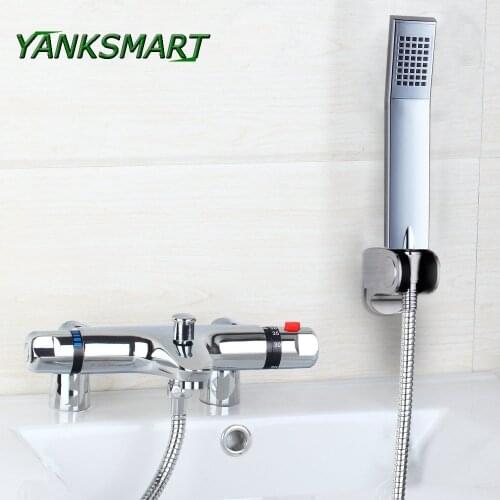 YANKSMART FA Thermostatic Brass Faucet Chrome Polished Mixer Bathtub Shower Water-tap With Hand Sprayer 2 Handles To Use