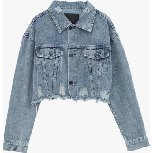 2019 Autumn Women Basic Coat Denim Jacket Long Sleeve casual loose Female spring Ripped Hole Outwear Short Jeans Jacket Coat