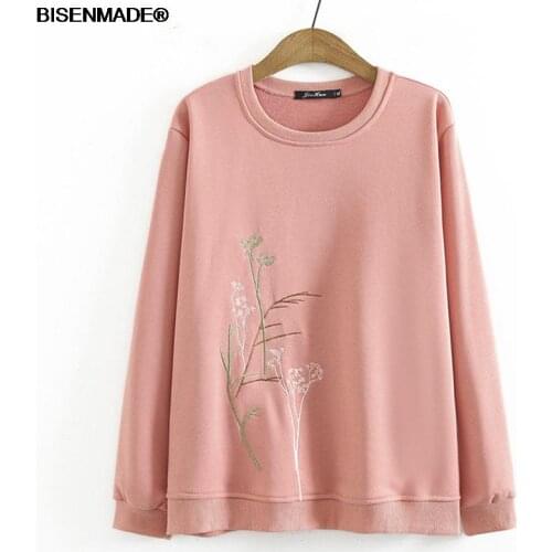 Women Clothing Hoodies & Sweatshirts Plus Size 2021 Autumn New Loose Casual Plant Embroidery O Neck Tops 007