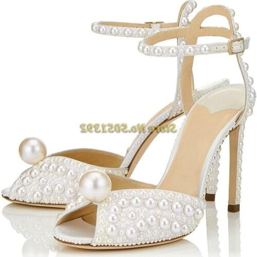 Pearls Decor Summer Women Sandals Wedding Studded High Heel Shoes Peep Toe Ankle Strap Dress Sweet Sandal