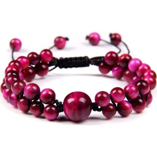 Women Charm Bracelet Rose Pink Natural Tiger Eye Stone Braided Bracelet Adjustable for Female Girls Romantic Energy Jewelry Gift