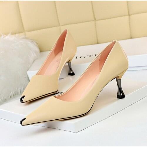 2020 High Heels Shoes Women office Pump shalow Slip on Slide fashion zapatos de mujer brand pointed toe Stilettos black beige