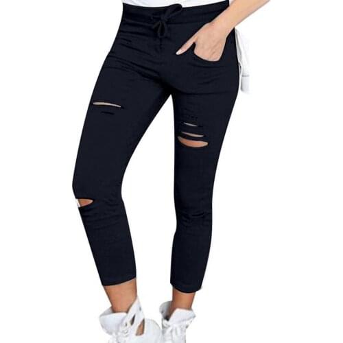 Women Ripped Pants Skinny Leggings Cropped Pants Ripped Drawstring Women Solid Color Elastic Waist Pockets Leggings Streetwear