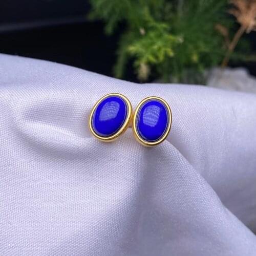 925 Sterling Silver Gold-Plated Inlay Natural 6 * 8mm Lapis Earrings Shiny Clean And Non-Hybrid Imperial Qing Female Jewelry