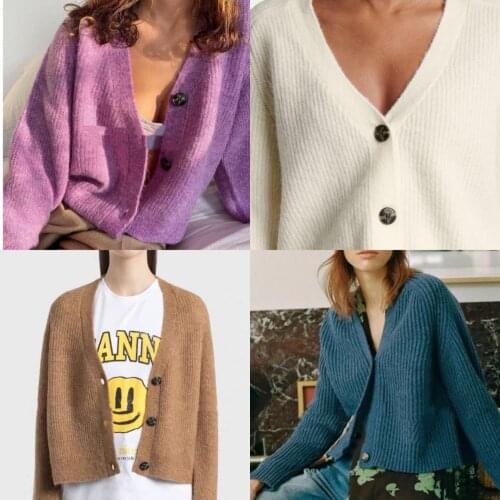 Women Sweater Vintage Mohair Wool Blend Fluffy Thick V-Neck Cardigan Knit Jacket