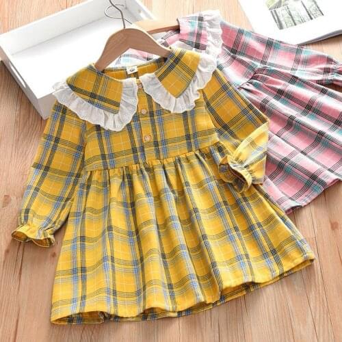 Baby Girl Plaid New Autumn Girl Long Sleeved Dress Lace Doll Collar Princess Dress