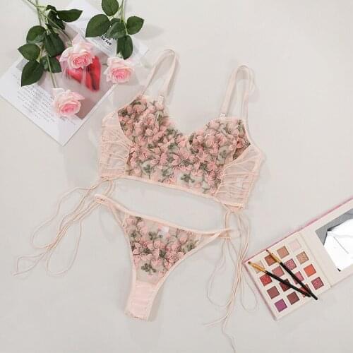 Womens See Through Sexy Lingerie Embroidered Flower Erotic Underwear Set Push Up Bra Panties Sensual Two Pieces Suit