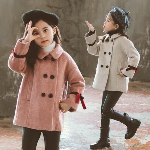 Winter Thicken Warm Children Woolen Coats Double Breasted Bow-knot Girls Jackets Long Sleeve Kids Girls Casual Outerwear 4-13T