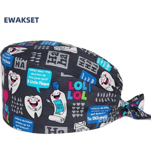 Teeth Print Scrub Cap for Nurses Doctors Dentist Lab Clinic Beauty Salon Worker Long Hair Sweatband One Size Elastic Bandage