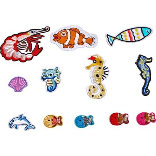 100pcs/lot Embroidery Patch Sea Animal Shrimp Fish Dolphin Seahorse Shell Clothing Decoration Diy Iron Heat Transfer Applique