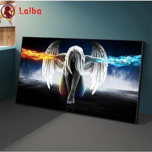 5D round Diamond Embroidery Abstract art, ice and fire angel girl with wings Diamond Painting Full Square Mosaic Handmade Gift