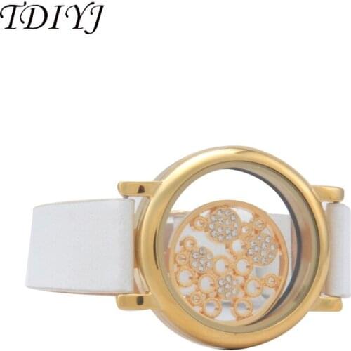 TDIYJ Deluxe Rose Gold Magnetic Glass Locket Bracelet with White Leather PU Watchband and 25mm Coin for Valentines Day 1Set