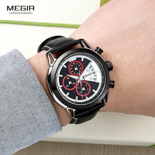 MEGIR Mens Chronograph Quartz Watches Leather Strap Waterproof Sports Analogue Wrist Watch for Man Luminous Hands 2071GS-BK-1