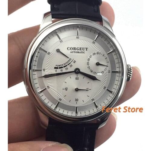 Corgeut 40mm New Mens Top Mechanical Watch stainless silvery Case White Dial Date Leather Strap Power Reserve Automatic Watch