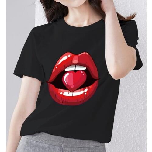 Womens T-shirt Black Classic Print Sexy Red Lips Love Pattern Series Tops Ladies Comfortable Short-sleeved Breathable Clothes