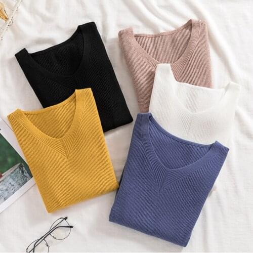 GGRIGHT 2021 V-Neck Knitted Women Sweater Pullovers Autumn Winter Basic Women Sweaters Korean Style Slim Fit Black Camel