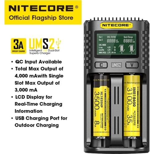 NITECORE UMS2 Intelligent USB Dual-slot Battery Charger QC Fast Charging Plug for IMR Li-ion LiFePO4 Rechargeable Batteries