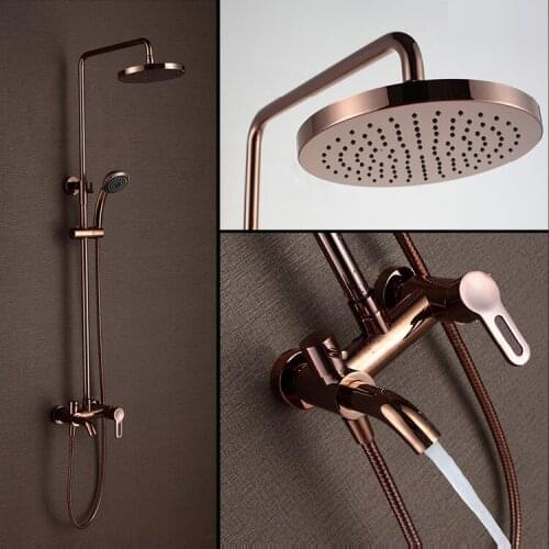 Classic Luxury PVD Rose Gold Plate Shower Set Antique Lifting Wall Mounted 8" Rainfall Shower Mixer Tap Faucet 3-functions Mixer